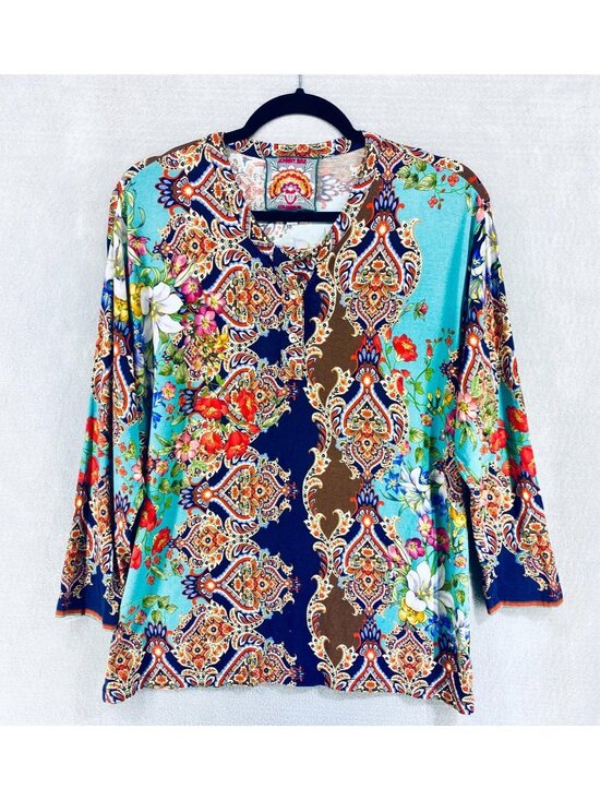 Johnny Was Tops - Johnny Was Top Womens S Bamboo Diamond Print Abstract Blouse Boho Art